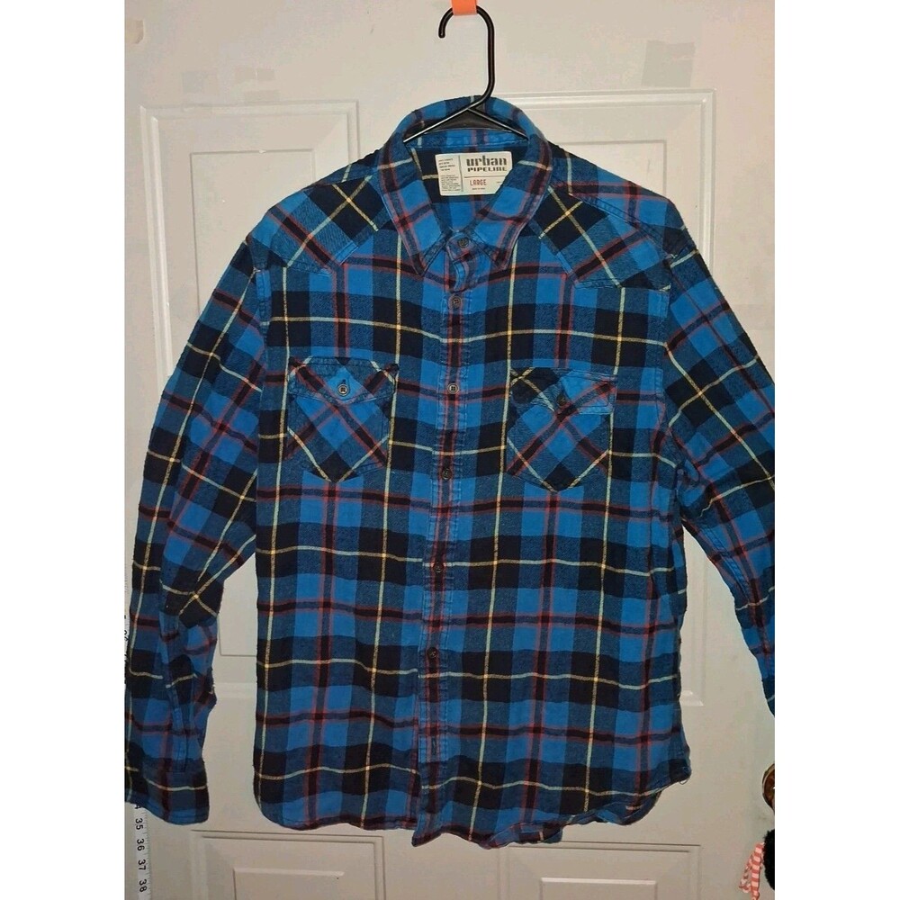 Urban Pipeline Men's L Blue Plaid Flannel Cotton Button Front Long Sleeve Shirt